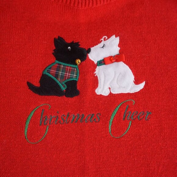 Vintage Merry Bright Red Embroidered Kissing Dogs Christmas Cheer Sweater PXL - Picture 8 of 12